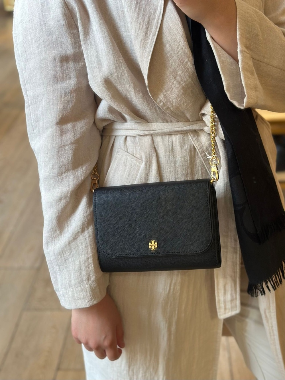 Tory Burch Emerson Chain Wallet Crossbody Black Leather Designer Quiet Luxury
